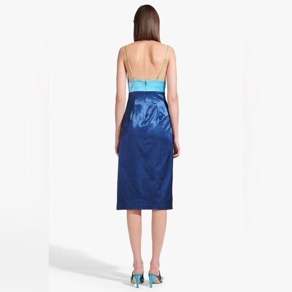 STAUD Ellis Colorblock Satin Blue and Green Slip Dress Size US12 NWT - Picture 7 of 11
